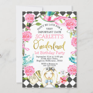 Rosa graue Alice in Onederland 1. Geburtstag Einladung