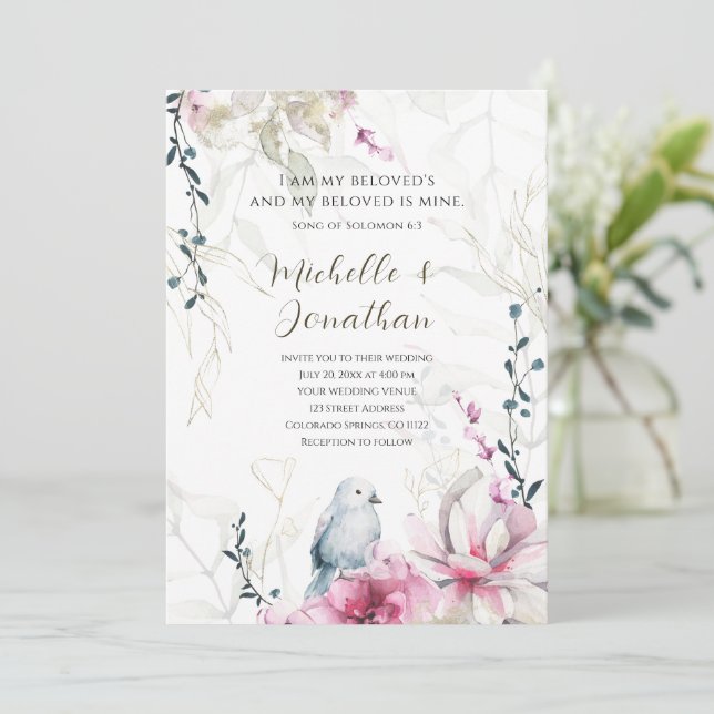 Rosa graue Blüte mit Christlicher Blütenhochzeit Einladung (Stehend Vorderseite)