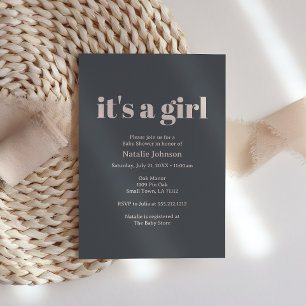 Rosa graue Boho-Typografie Mädchen-Baby-Party Einladung