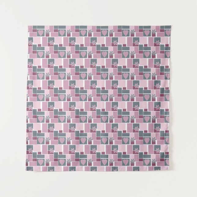 Rosa graue braune Patchworkarbeit aus quadratische Wandteppich (Vorderseite)