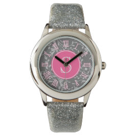 Rosa, graue Damaske-Grafik-Monogramm-Mädchen sehen Armbanduhr