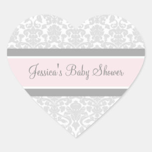 Rosa graue Damast-Babyparty-Bevorzugungs-Aufkleber Herz-Aufkleber