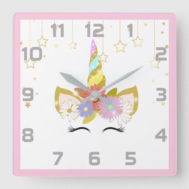 Rosa graue Einhorn-Kinderzimmer-Decke Wall Clock Quadratische Wanduhr (Vorderseite)