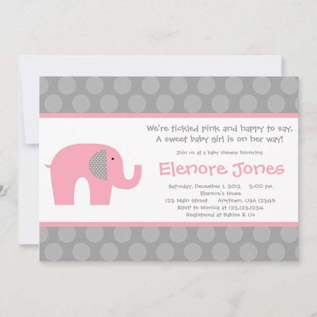 Rosa graue Elefant-Babyparty-Einladung Einladung (Vorderseite)