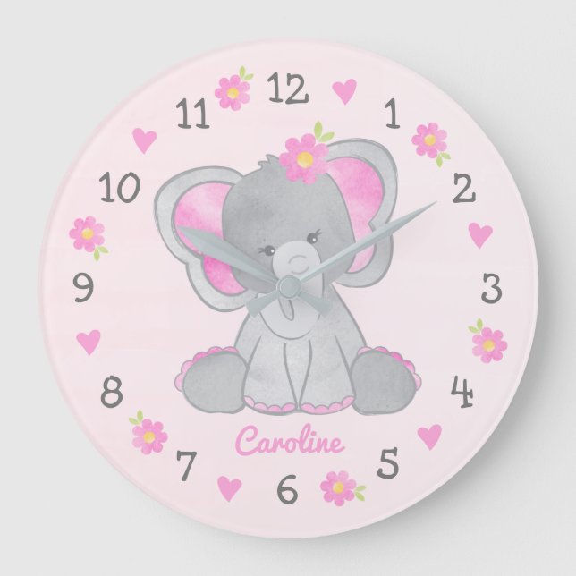 Rosa graue Elefanten Blume Name Girl Kinderzimmer Große Wanduhr (Vorderseite)