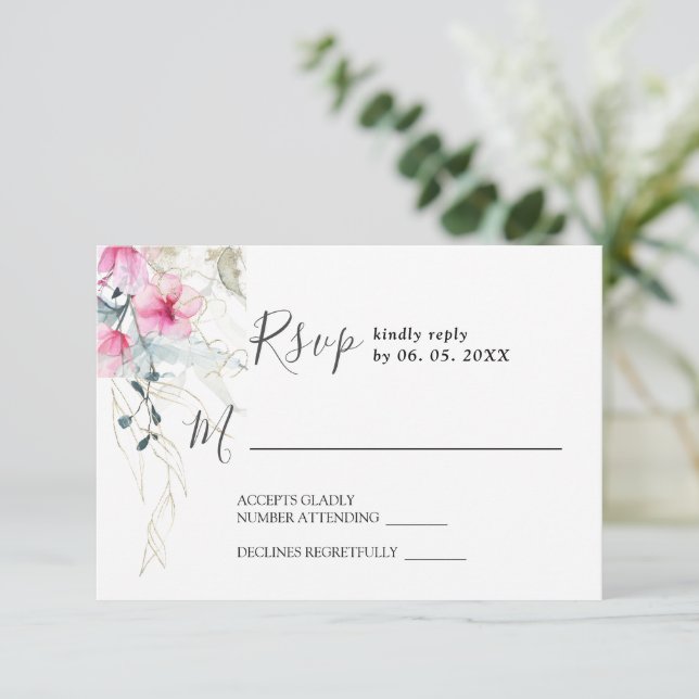 Rosa Graue Elegante Wasserfarbenhochzeit RSVP Karte (Stehend Vorderseite)