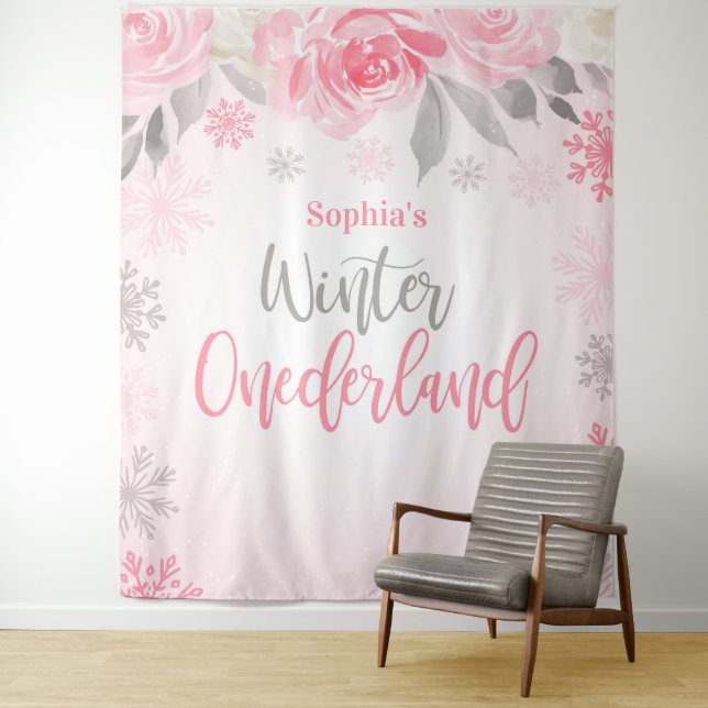 Rosa graue Flora Winter ONEderland Hintergrund Wandteppich (Beispiel)