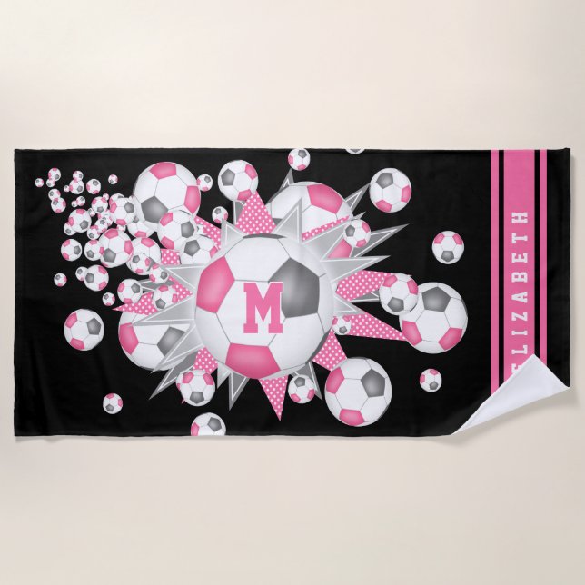 Rosa graue Fußball Ball Blowout Girls individuelle Strandtuch (Vorderseite)