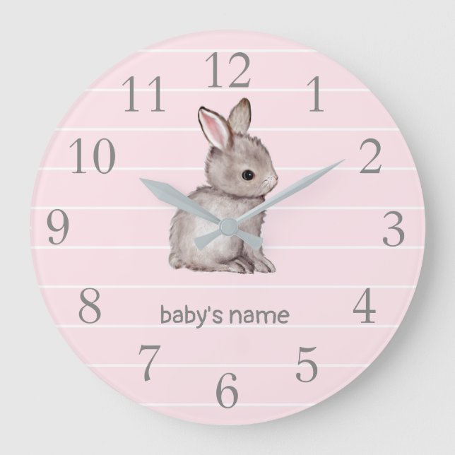 Rosa graue Häschen-Kinderzimmer-Dekor-Wand-Uhr Große Wanduhr (Vorderseite)