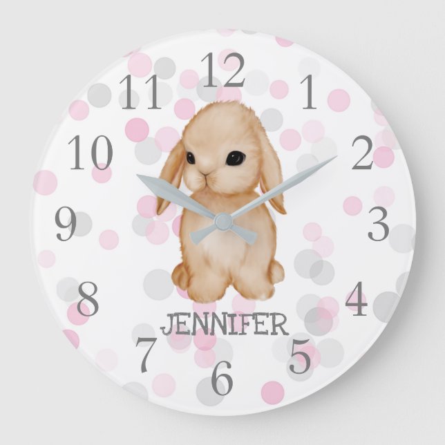 Rosa graue Häschen-Kinderzimmer-Dekor-Wand-Uhr Große Wanduhr (Vorderseite)