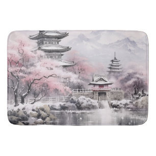 Rosa Graue japanische Sakura Blüten Pagode Badematte