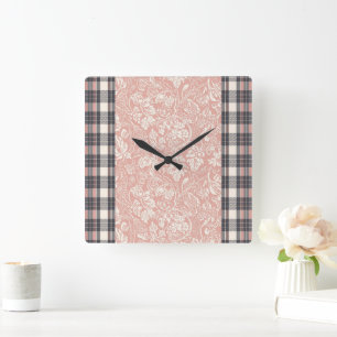 Rosa & graue Karo-Streifen AI-Kunst Quadratische Wanduhr