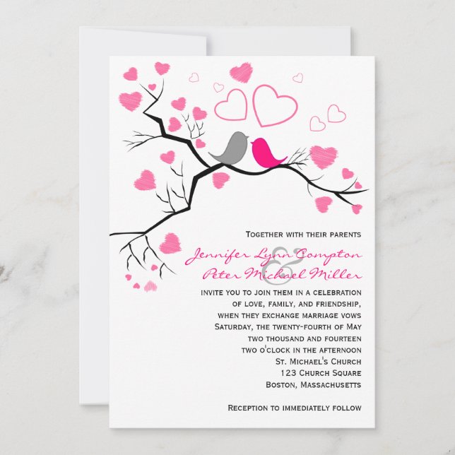 Rosa, graue Lovebirds u. Herzen, die Einladung (Vorderseite)