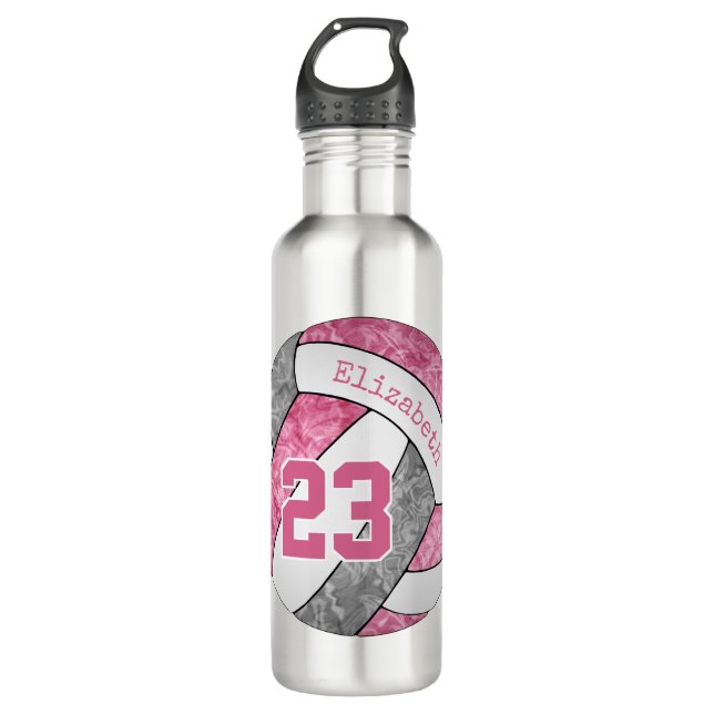 Rosa graue Mädchen Name Jersey Nummer Volleyball Edelstahlflasche (Vorderseite)