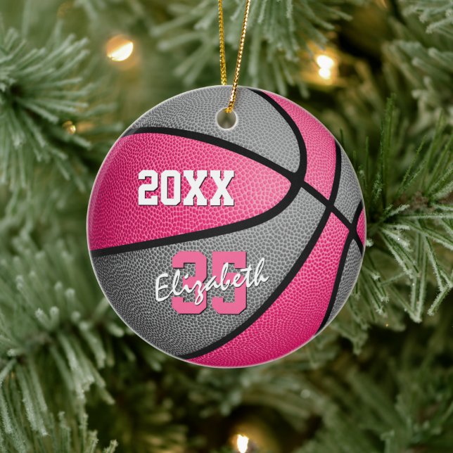 Rosa-graue Mädchen Sport Keepake Basketball Keramik Ornament (Baum)