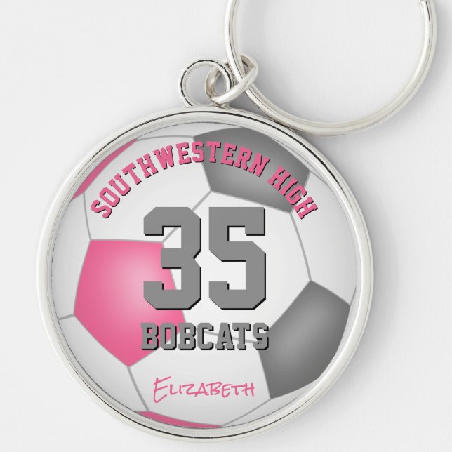 Rosa graue Mädchen Sportmannschaft Name Fußball Schlüsselanhänger (Vorne)