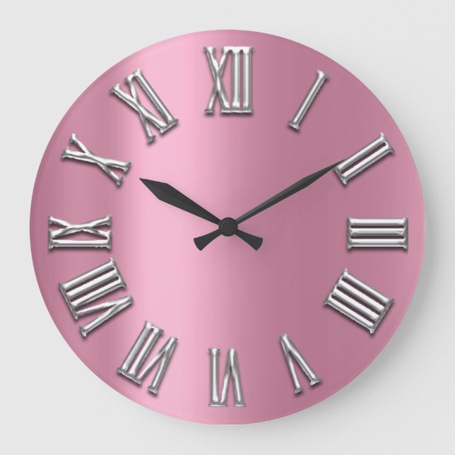 Rosa Graue Metalle Grau Silber römische Zahl Große Wanduhr (Vorderseite)
