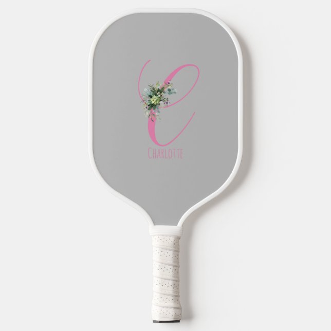 Rosa graue Monogramm-Blume Buchstaben C Pickleball Schläger (Vorderseite)