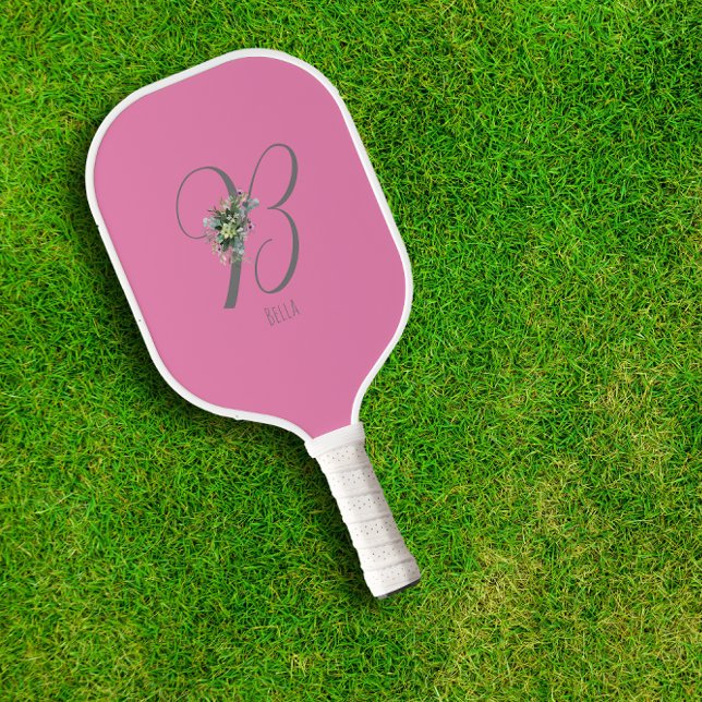 Rosa graue Monogramm-Blume Pickleball Schläger (Von Creator hochgeladen)