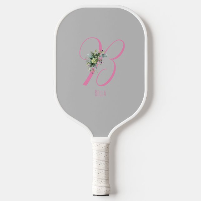 Rosa graue Monogramm-Blume Pickleball Schläger (Vorderseite)