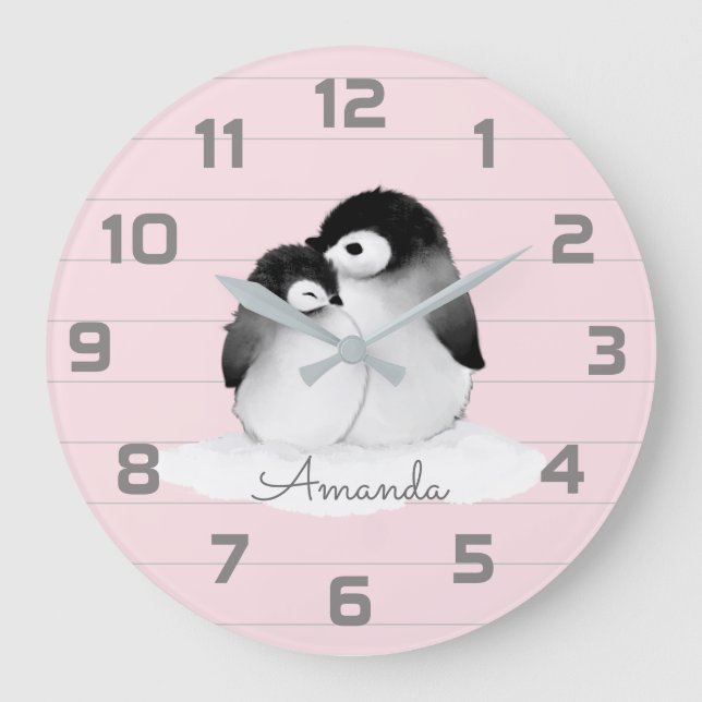 Rosa Graue Pinguin Kinderzimmer Decke Wand Uhr (Vorderseite)