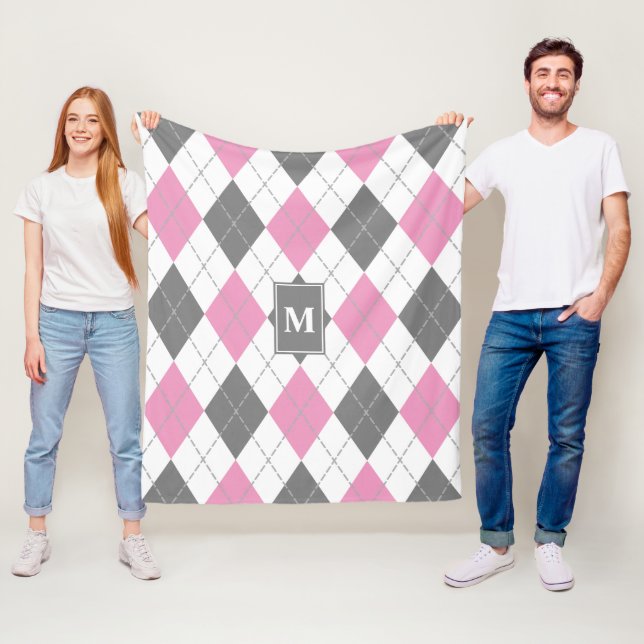 Rosa graue Raute kariert mit Monogramm Fleecedecke (Beispiel)