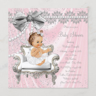 Rosa graue Satin-Perlen-Stuhl-Babyparty Einladung