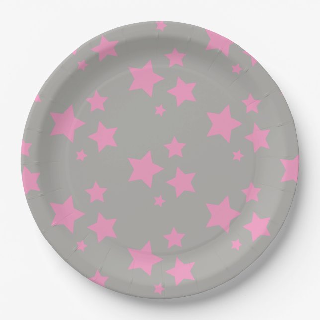 Rosa graue Sterne Kinder Baby Circus Party Pappteller (Vorderseite)