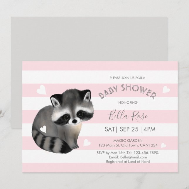 Rosa graue Streifen Raccoon Herz Babydusche einlad Einladung (Vorne/Hinten)