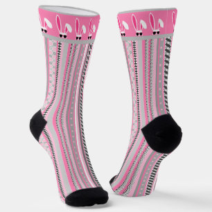 Rosa, graue und weiße Streifen mit weißem Osterhas Socken