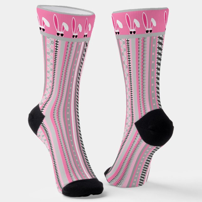 Rosa, graue und weiße Streifen mit weißem Osterhas Socken (Gewinkelt)