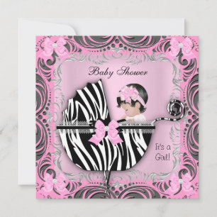 Rosa Graue Zebra Baby Shower Süße Baby Mädchen Einladung