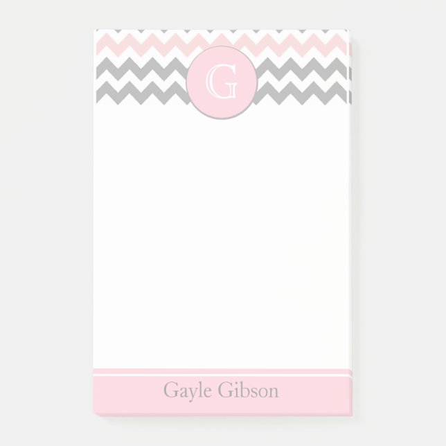Rosa graue Zickzack Monogramm Posten-it® Post-it Klebezettel (Vorderseite)