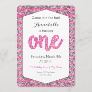 Rosa grauer Glitzer-erste Geburtstags-Karte Einladung