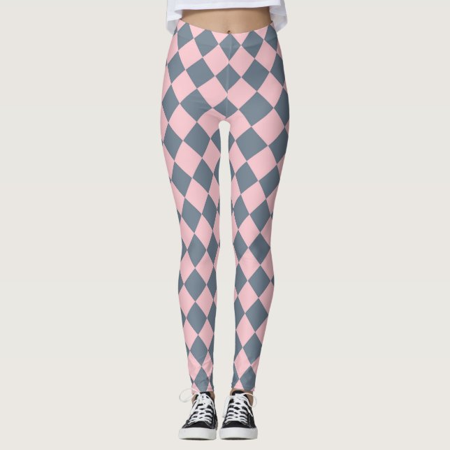 Rosa graues Schachbrett Diamantmuster Leggings (Vorderseite)