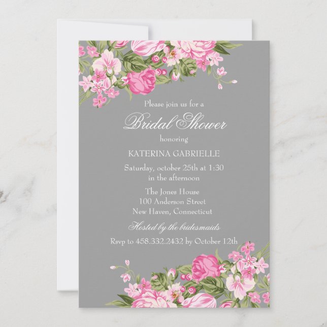 Rosa Graues Shabby Chic Brautparty laden ein Einladung (Vorderseite)