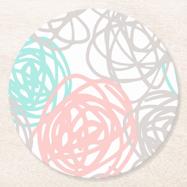 Rosa graues und aquamarines Gekritzel-Muster Runder Pappuntersetzer (Vorderseite)