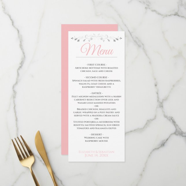 Rosa & Gray Einfache Hochzeitskarte Menükarte (Vorderseite/Rückseite Beispiel)