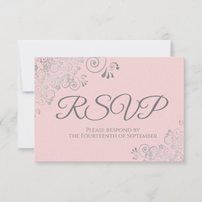 Rosa & Gray Elegante Silver Lace Frills Wedding RSVP Karte (Vorderseite)