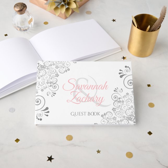 Rosa & Gray Elegante Wedding Guest Book Gästebuch (Vorderseite Offen)
