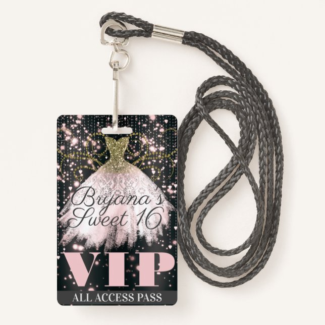 Rosa Gray Gold Sparkle Dress Sweet 16 VIP Pass Ausweis (Vorderseite mit Schlüsselband)