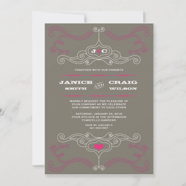 Rosa & Gray Rock 'n' Roll Music Themed Wedding Einladung (Vorderseite)