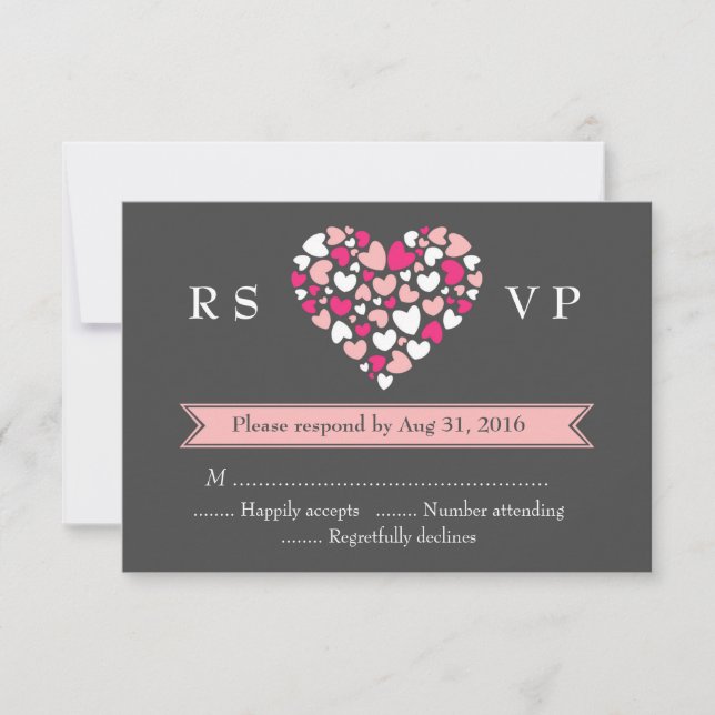 Rosa Gray Wedding RSVP Card mit Liebe und Herz Karte (Vorderseite)