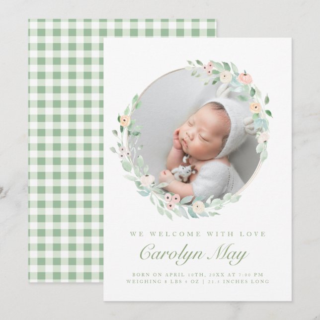 Rosa Green Baby Foto Geburtshilfekarten Ankündigung (Vorne/Hinten)