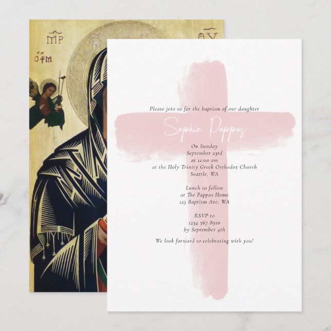 Rosa griechisch-orthodoxe Christening Girl Taufe Einladung (Vorne/Hinten)