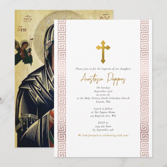 Rosa griechischer Schlüsselorthodox Christening Gi Einladung (Vorne/Hinten)