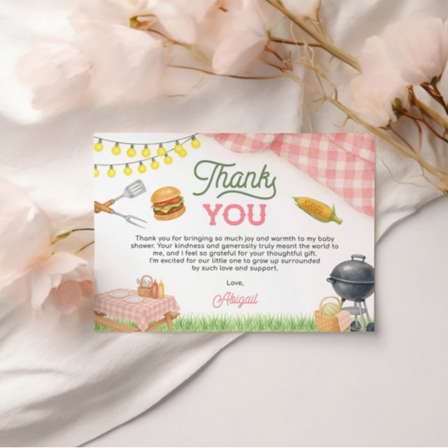 Rosa GRILLEN Kinderdusche 5x3.5 Dankeskarte (Pink BBQ Baby Shower 5x3.5 Thank You Card)