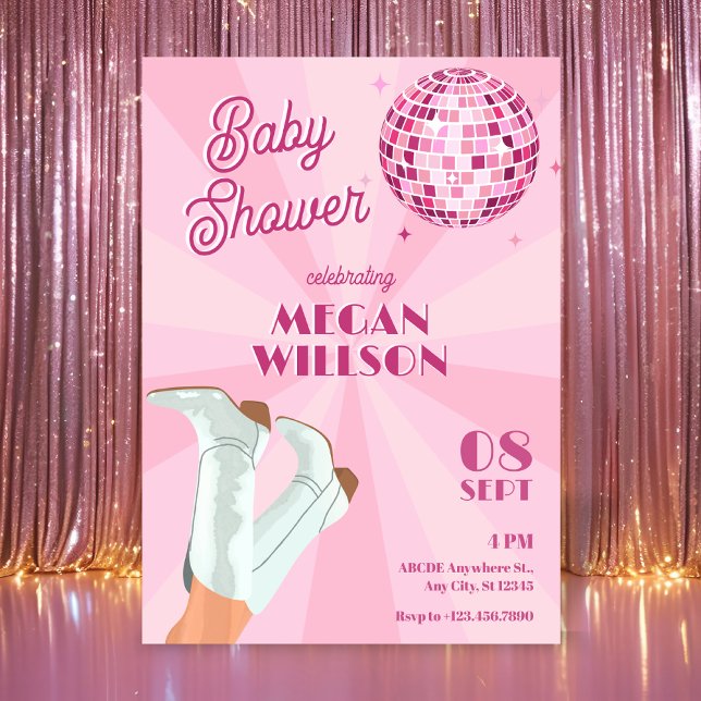 Rosa Groovy Boots Disco Ball Babydusche Einladung (Von Creator hochgeladen)