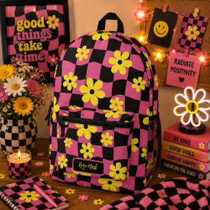 Rosa Groovy Gänseblümchen Blumen Karo Bedruckter Rucksack