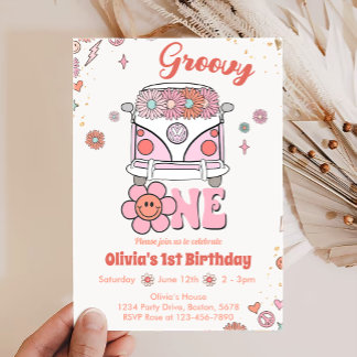 Rosa Groovy One Retro 1. Geburtstag Einladung